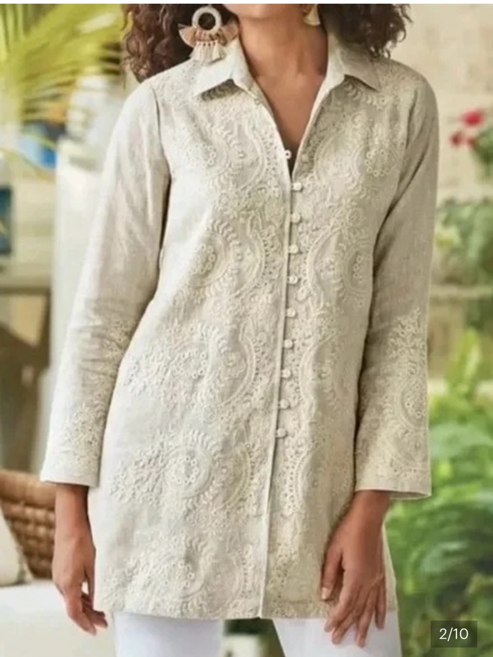 Soft Surroundings Cream Embroidered Button-Front Tunic macrame linen blend XS